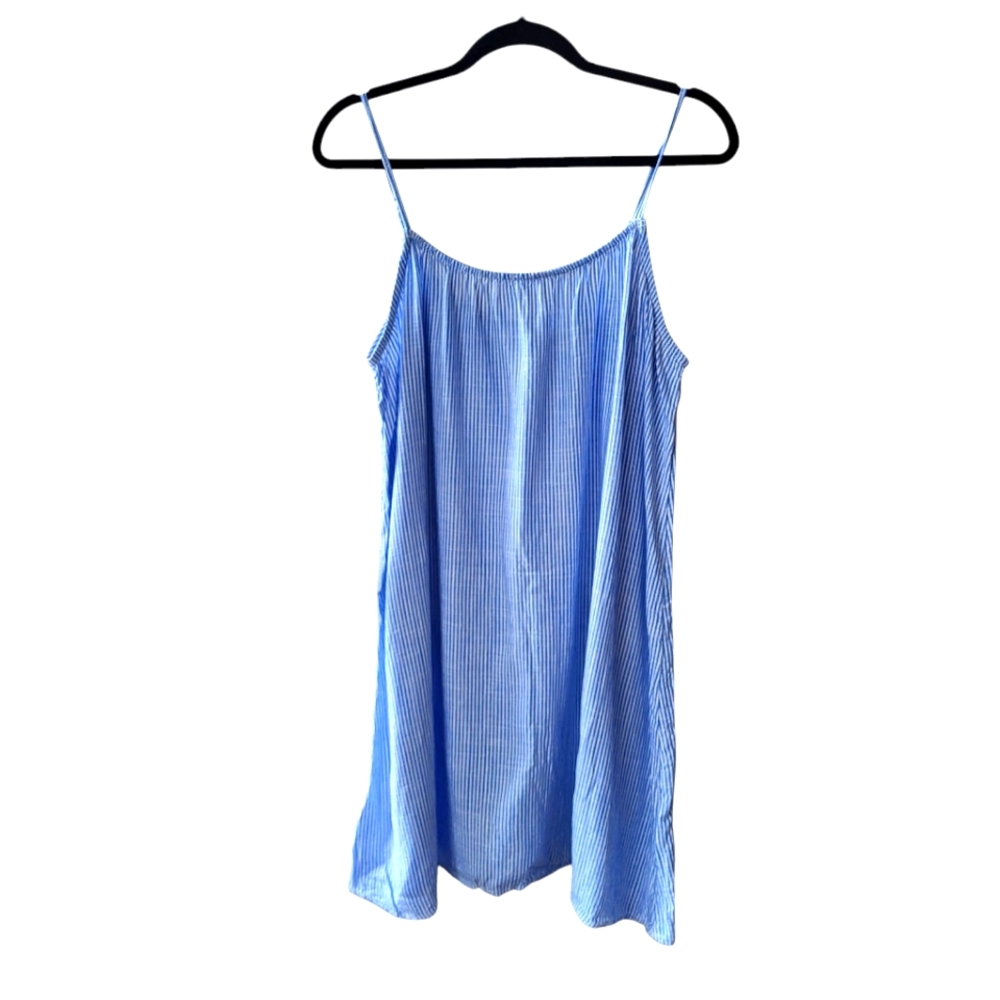 H&M Blue Striped Spaghetti Strap Linen-Blend Dress